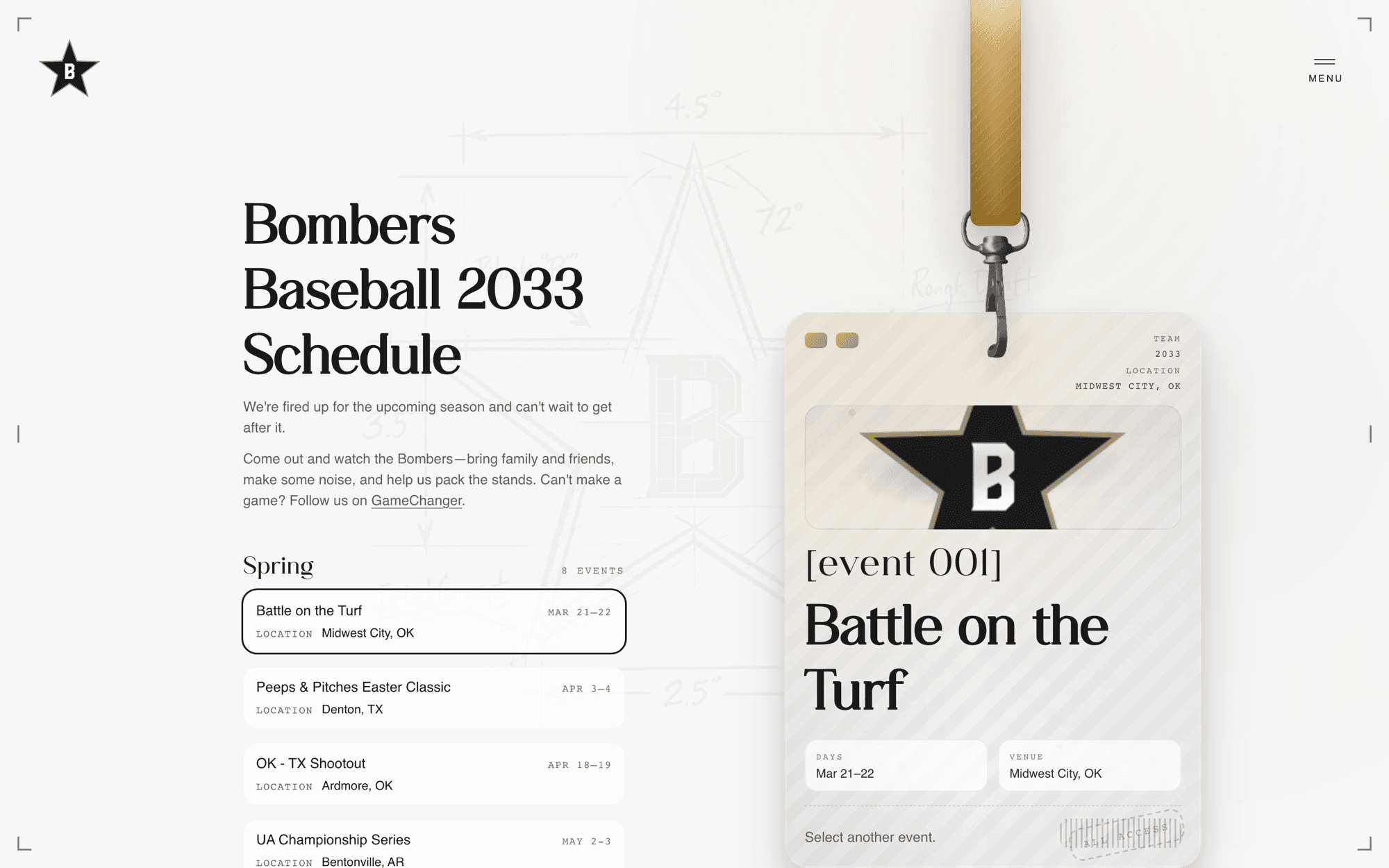 A Bombers Baseball team schedule page — Spring and Fall tournaments with GameChanger