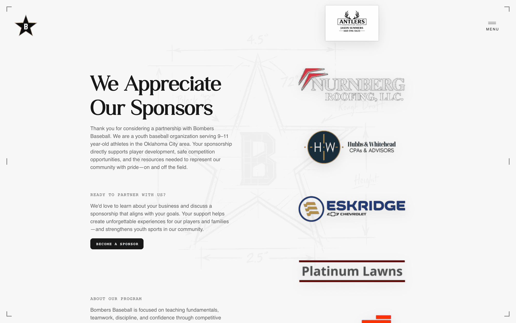 The Bombers Baseball "Become a Sponsor" page — the sponsorship funnel