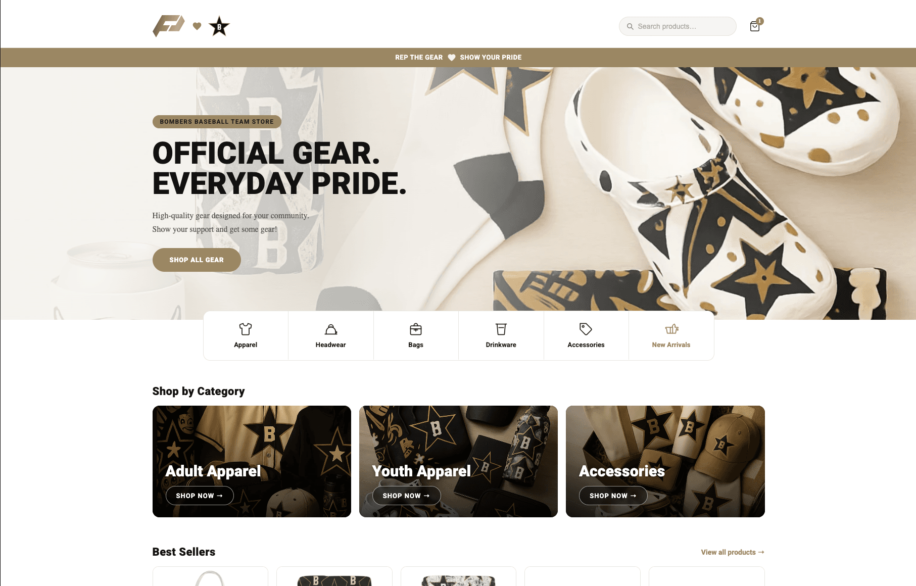 A live Project Fundraise branded store — the Bombers Baseball team store, "Official Gear. Everyday Pride.", with apparel, headwear, bags, drinkware and accessories